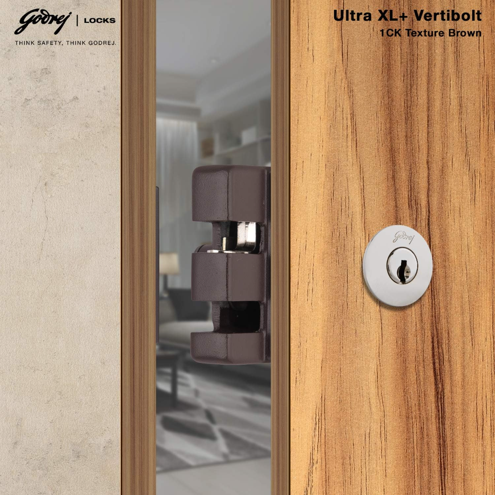 Godrej Rim Lock l Vertibolt Ultra XL plus   I 1CK Deadbolt l For Inside Opening, Double and Sliding Wooden Doors l Left or Right-Handed Doors l 4 Keys Manual Locking I Textured Brown Finish | 5-Year Warranty